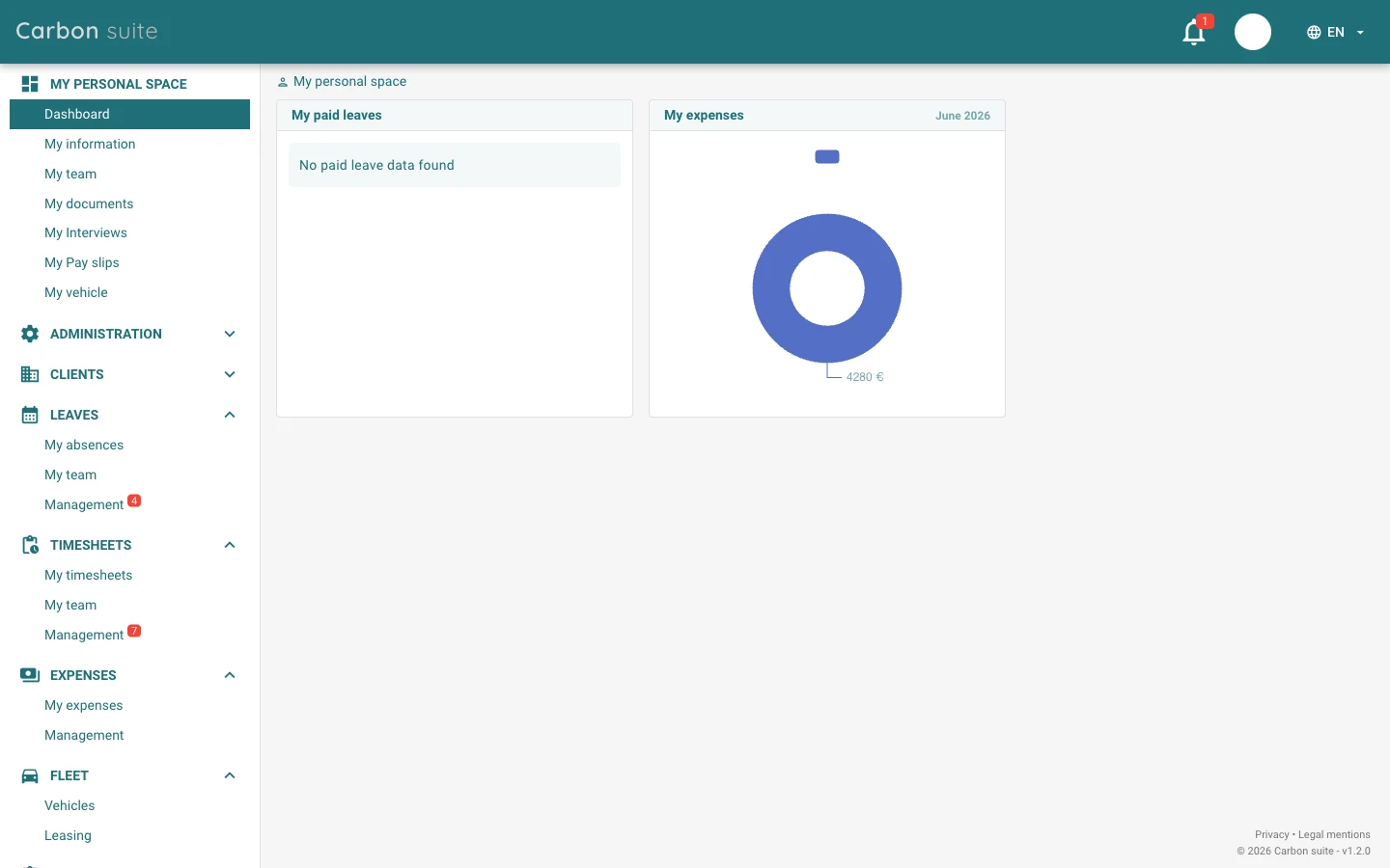 Carbon Suite personal dashboard showing My expenses donut chart with 4280 € for June 2026 and full navigation sidebar with Leaves, Timesheets, Expenses and Fleet modules
