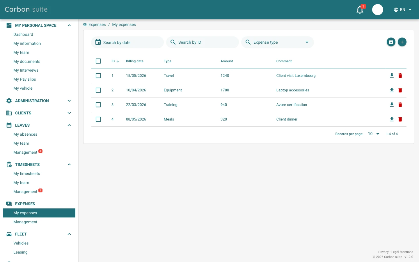 My expenses list with four entries — Travel, Equipment, Training and Meals — showing billing dates, amounts and comments, with date and type filters at the top