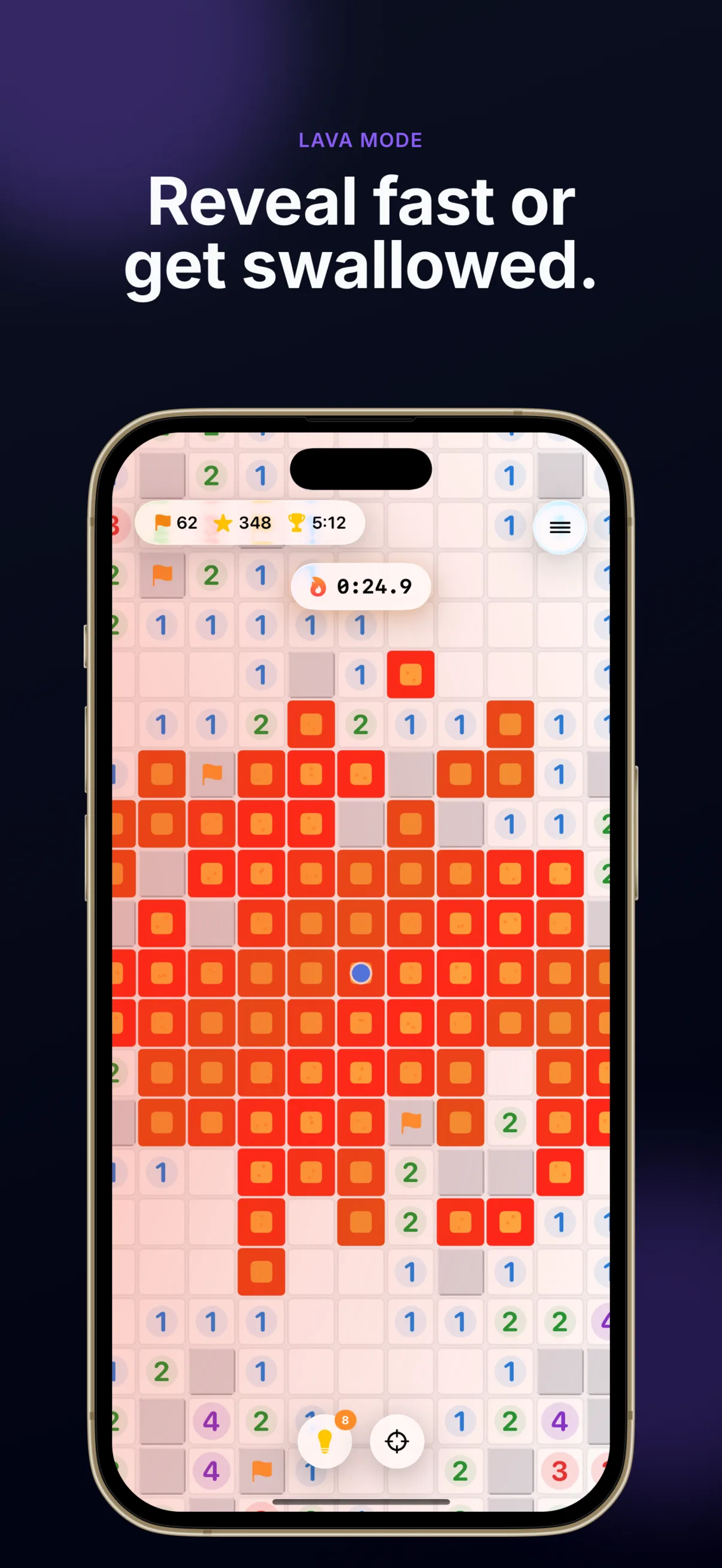 Sweeper+ Lava mode: revealed safe cells hold back a spreading tide of glowing orange and red lava tiles, with a floating 0:24.9 countdown timer and a top bar showing 62 flags, a 348 star score and a 5:12 best time.