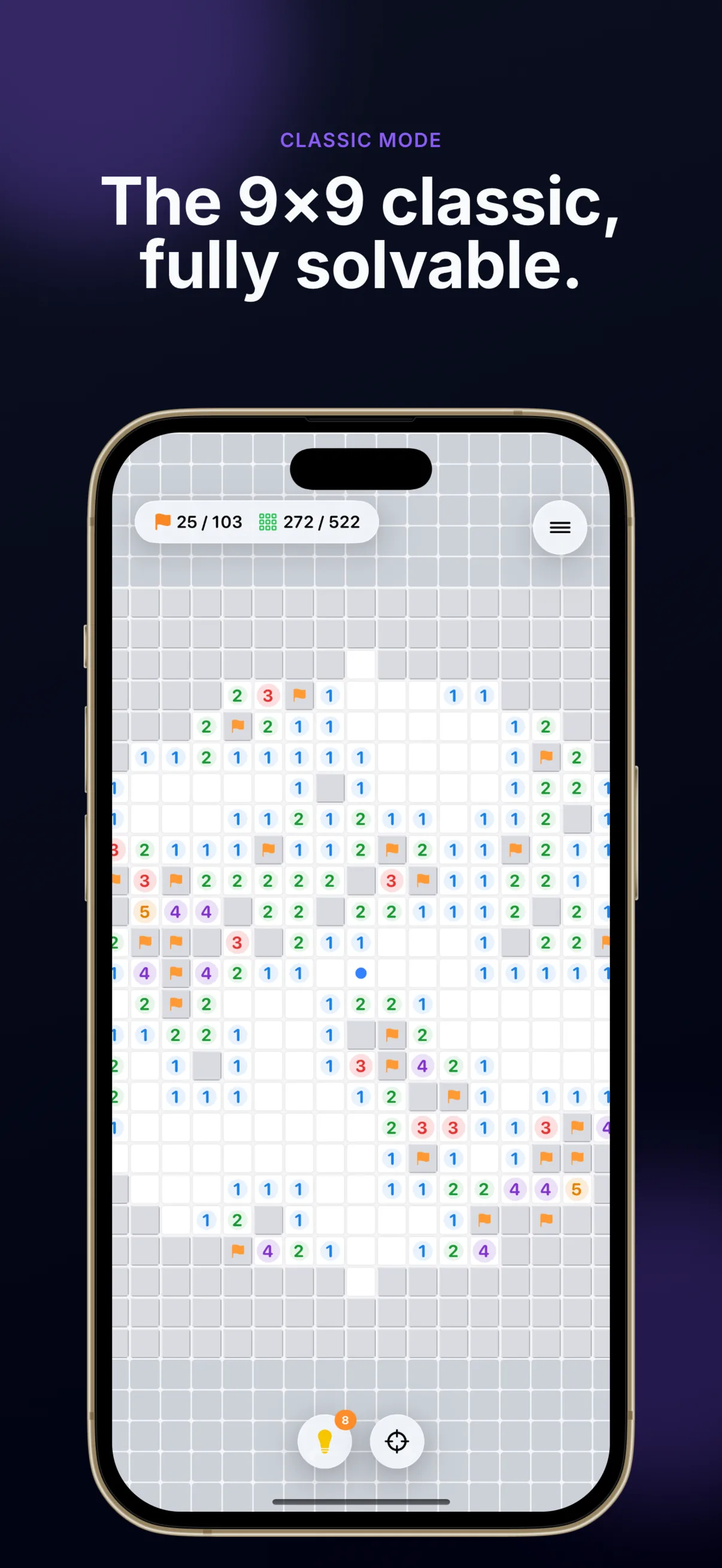 Sweeper+ classic-style minesweeper board: a wide grey grid with revealed numbered cells (blue 1s, green 2s, red 3s and purple and orange higher counts) and orange flags marking mines, a status pill reading 25/103 flags and 272/522 tiles cleared, and hint and recenter buttons at the bottom.