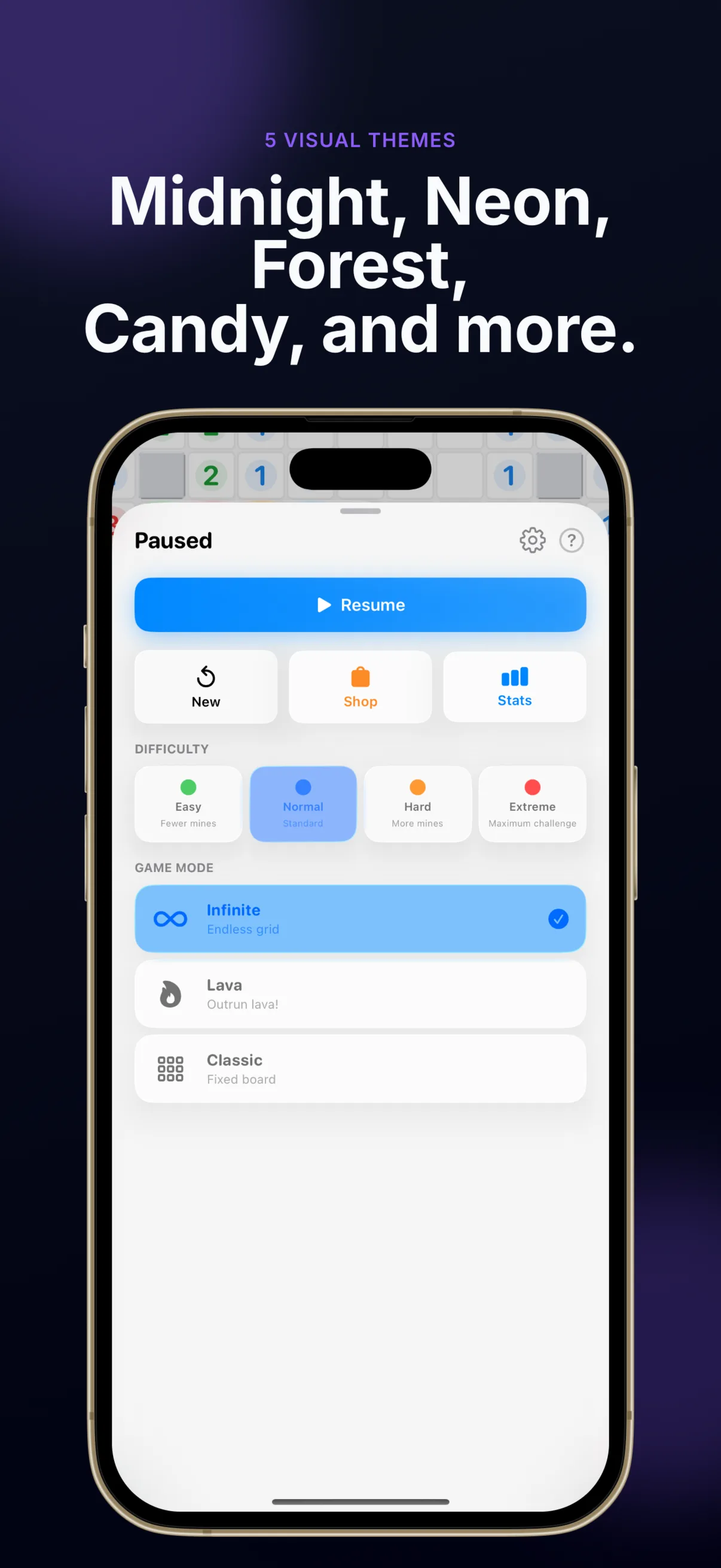 Sweeper+ pause menu with a large Resume button and New, Shop and Stats shortcuts, a difficulty selector (Easy, Normal selected, Hard, Extreme) and a game-mode selector (Infinite selected, Lava, Classic).