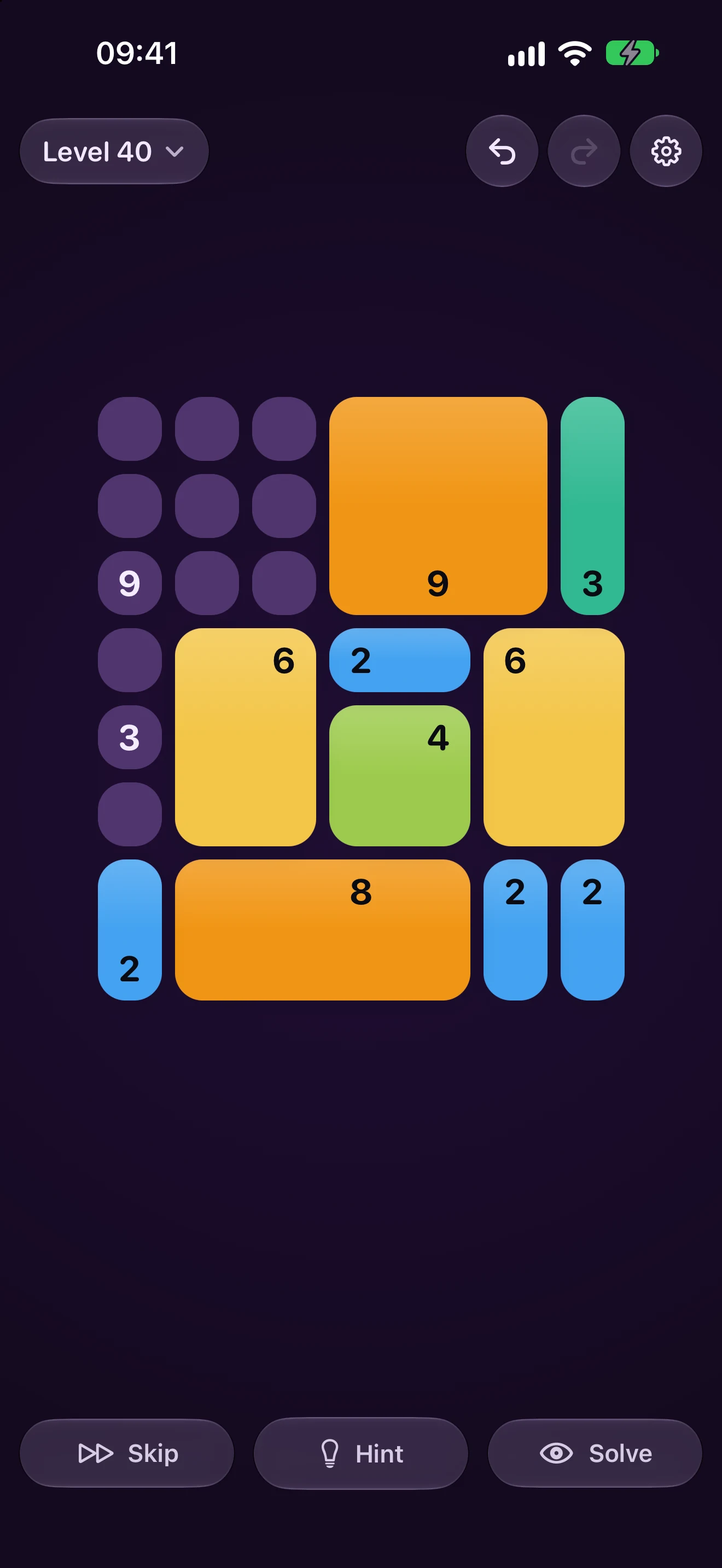 A five by four board in the Bloom theme on iPhone in dark mode, part way through: mauve empty cells with their numbers still waiting, and pieces laid over them — two tall lime pieces, a teal one, and a blue two-cell piece along the bottom row. Glass undo, redo and menu buttons sit above the board, and Skip and Hint capsules below it.