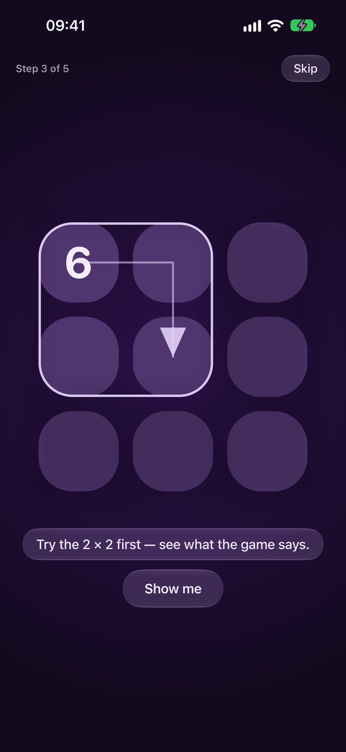 The tutorial teaching the area rule: a three by three board with a single 6, the target rectangle outlined in white across two columns and two rows with an arrow pointing into it, and a callout reading “Try the 2 × 2 first — see what the game says.”