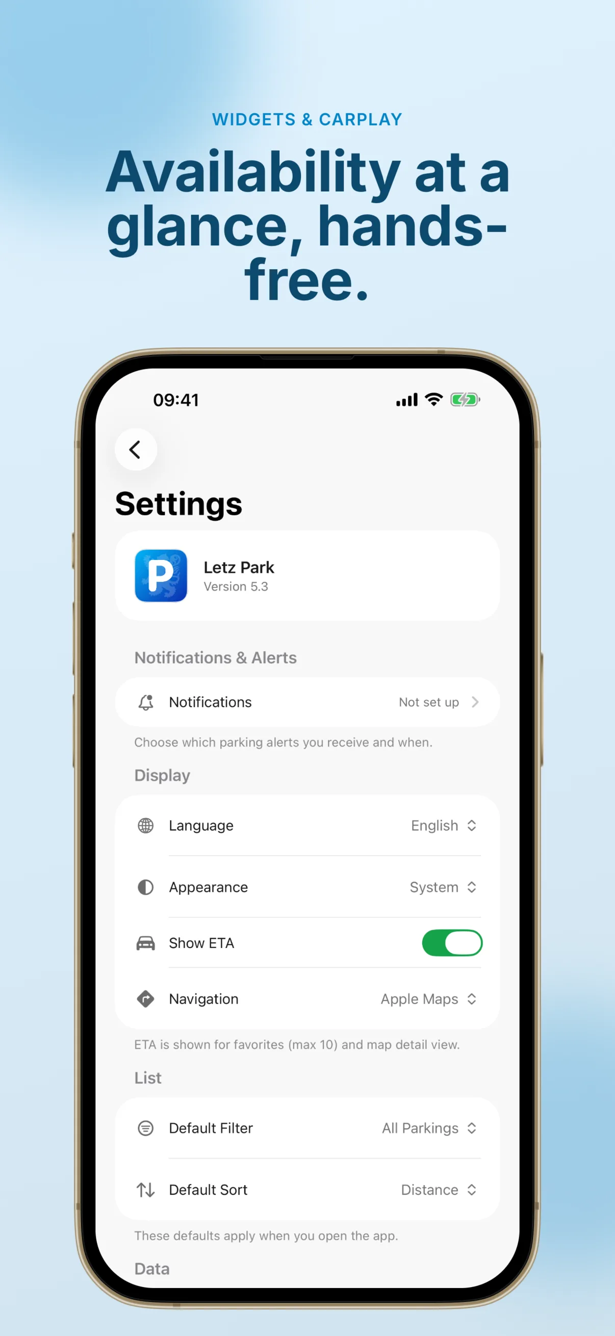 Settings screen for Letz Park+ version 5.3 with a Notifications & Alerts section (parking alerts not yet set up), Display options for Language (English), Appearance (System), a Show ETA toggle and Navigation (Apple Maps), a note that ETA is shown for up to 10 favourites and the map detail view, and List defaults for filter and sort.