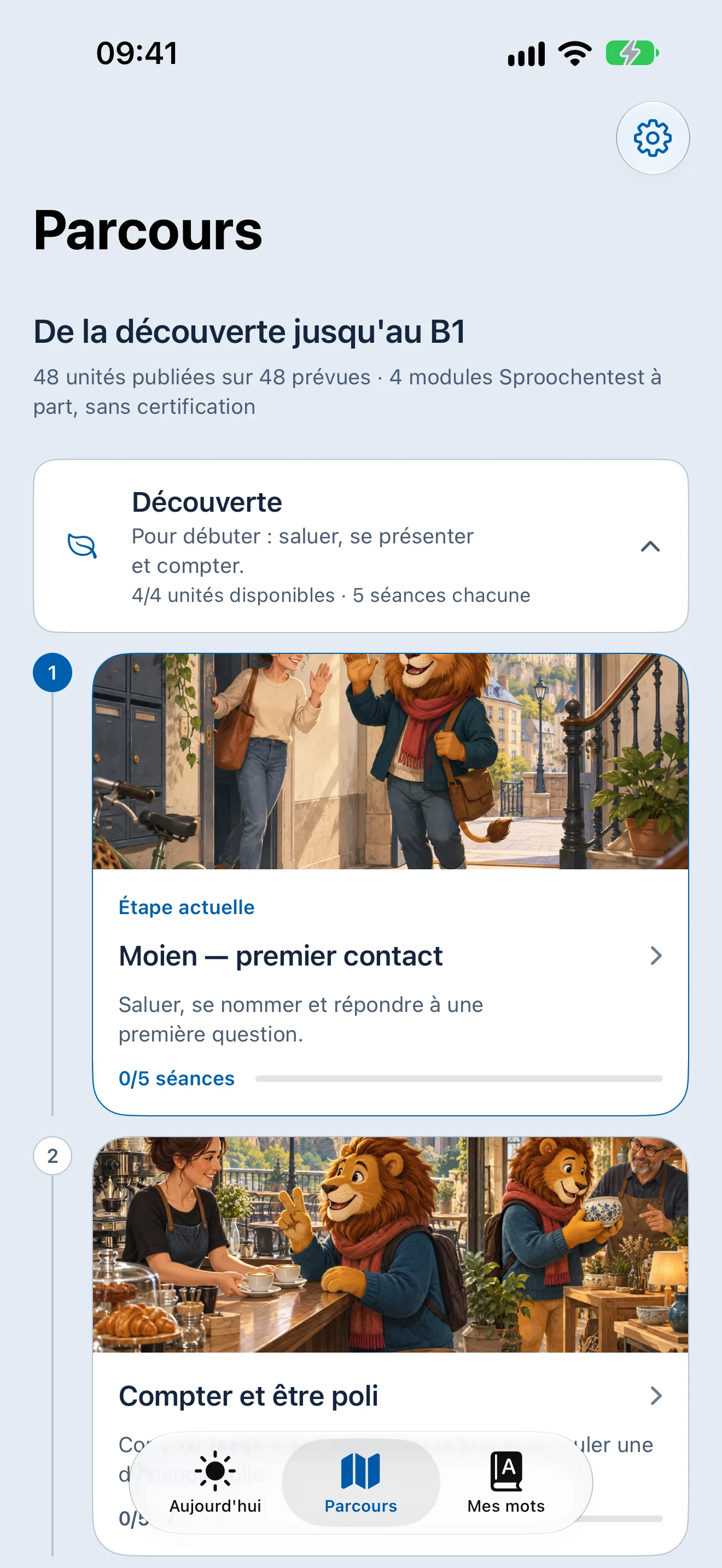 Moien course path screen showing 48 published units from Découverte to B1, with the current unit and its five sessions.