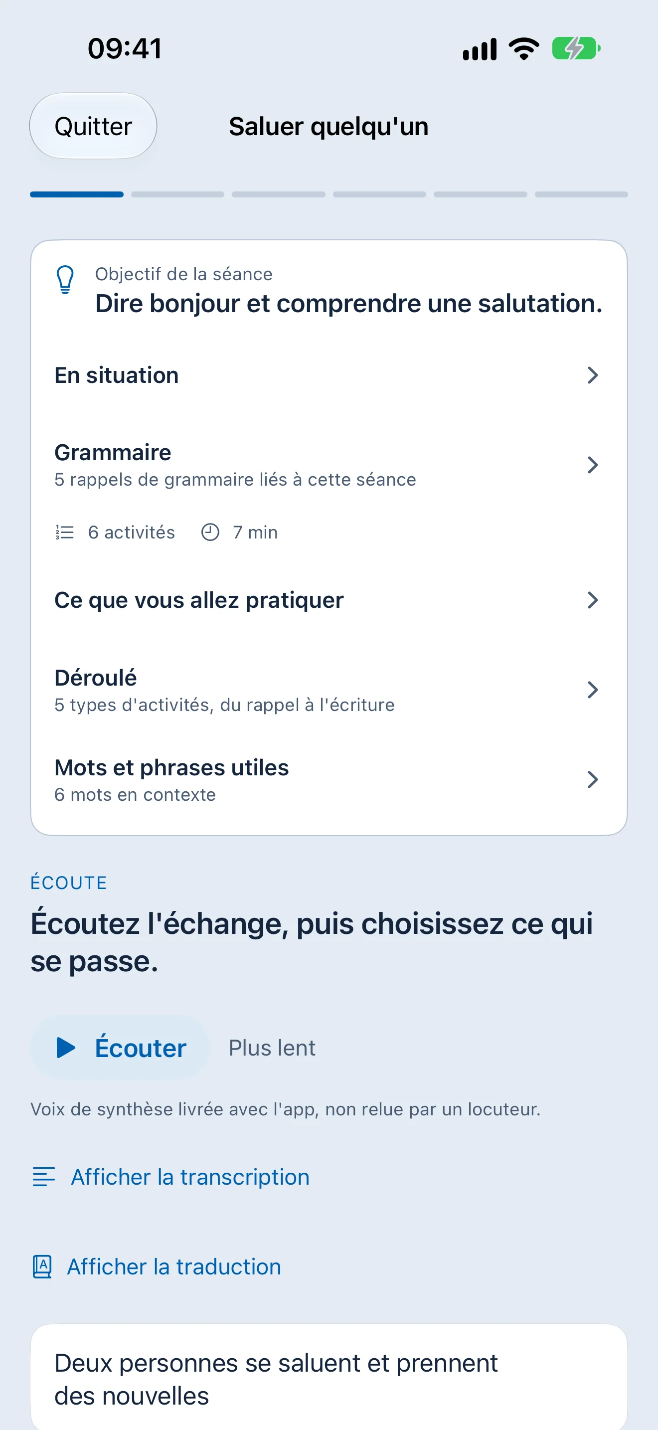 Moien lesson screen showing an exercise with its instruction, answer choices and progress through the session.