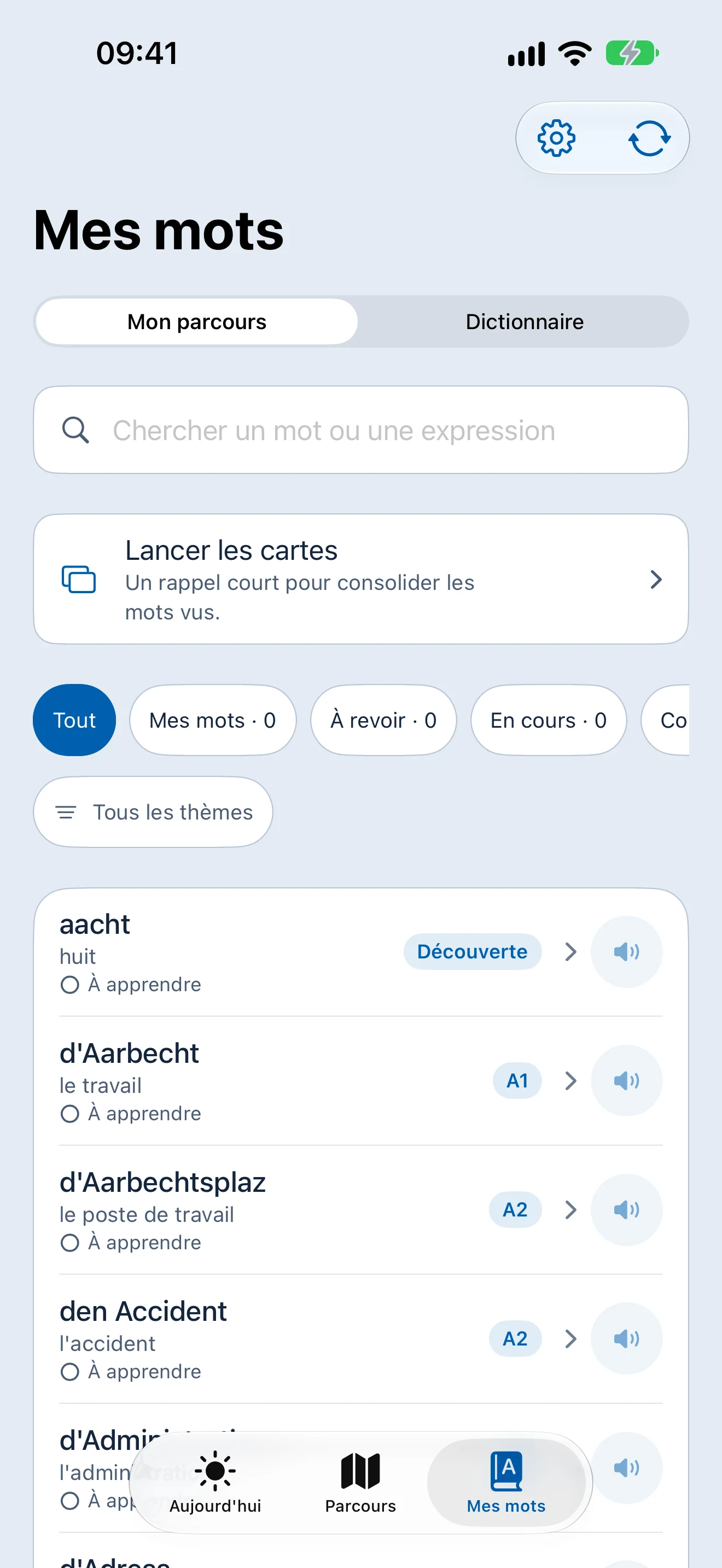 Moien vocabulary screen listing saved Luxembourgish words with their translations and learning state.