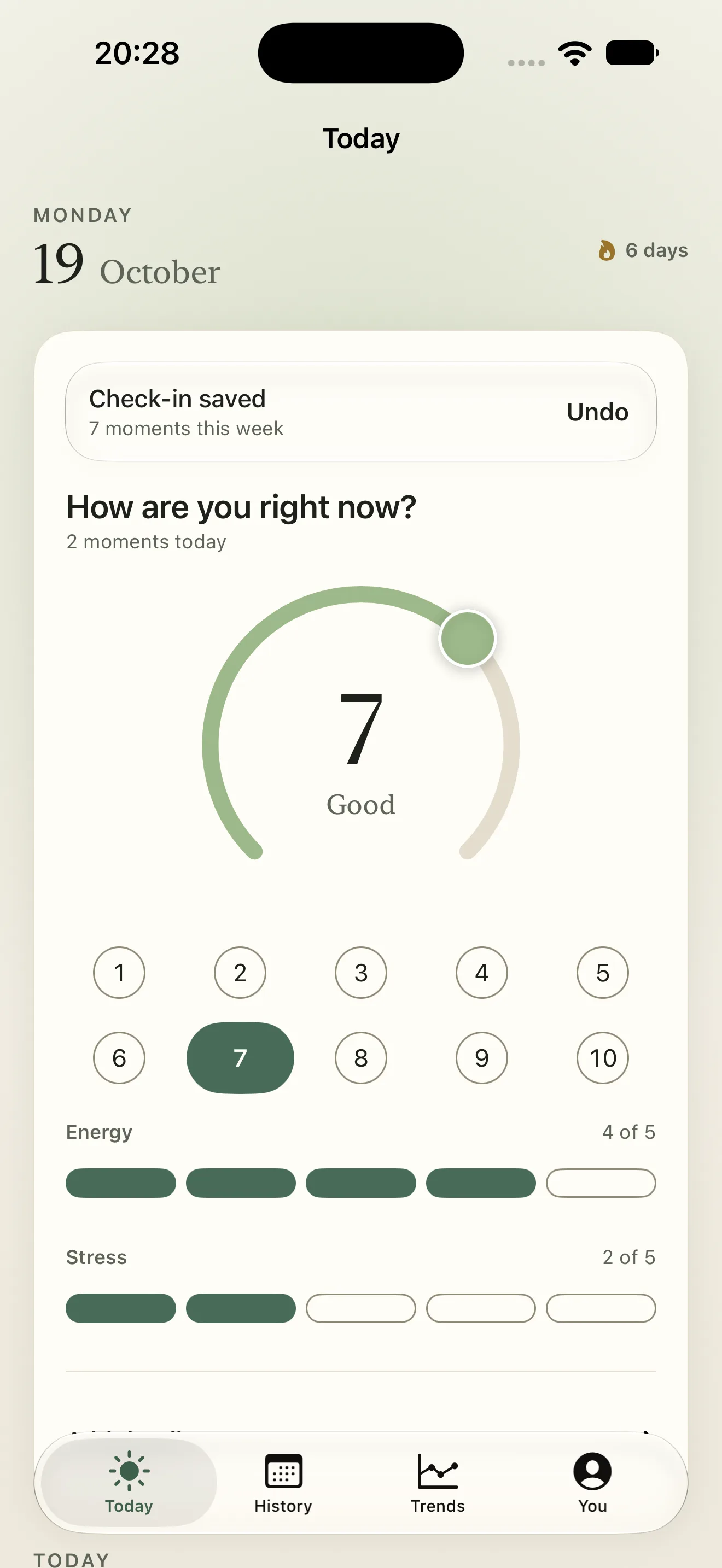 MoodLens Today screen with the date and streak, a mood dial set to 7 and the word Good, ten numbered mood targets, Energy and Stress rows, and a day story with one saved check-in.