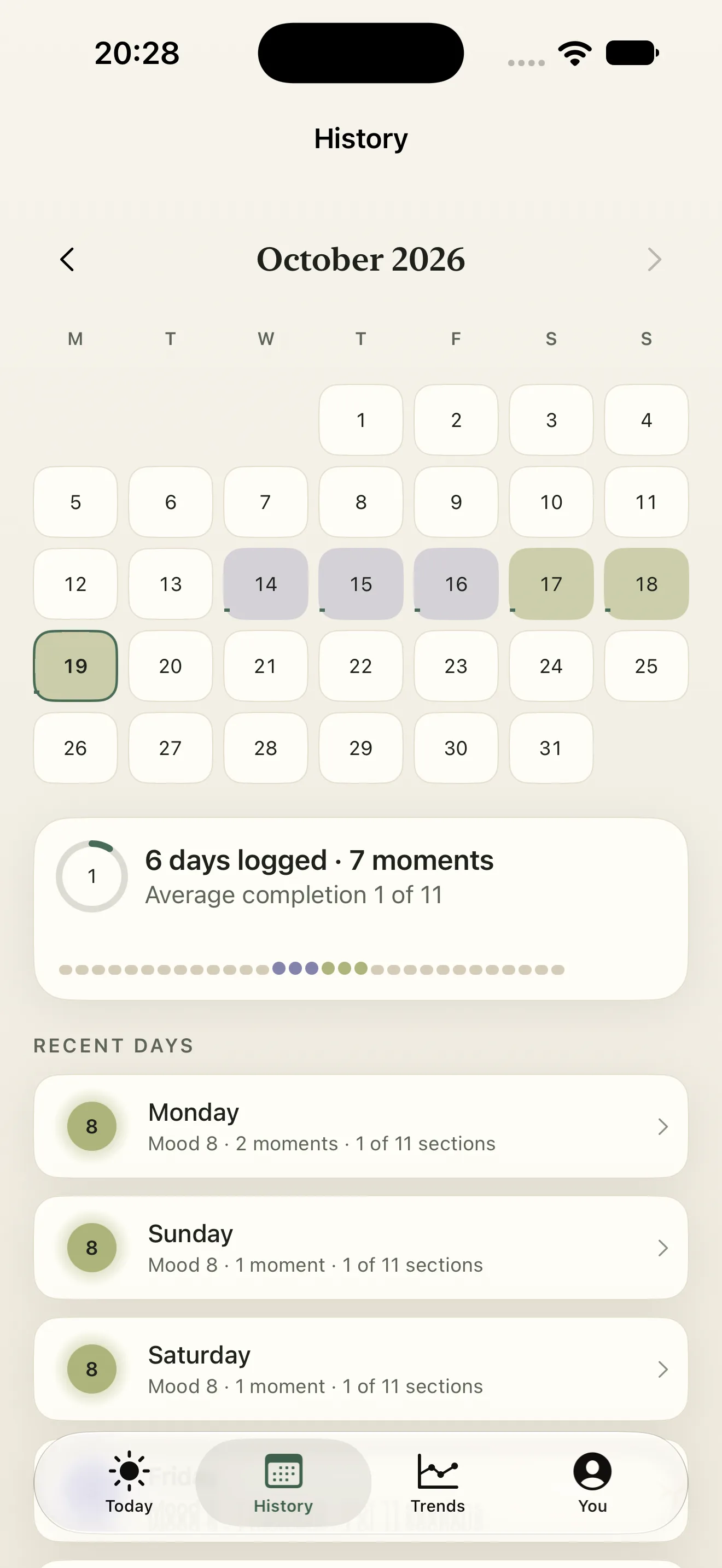 MoodLens History for October with a month grid where logged days are tinted by their average mood, a month summary with logged days, moments and average completion, and recent day rows.