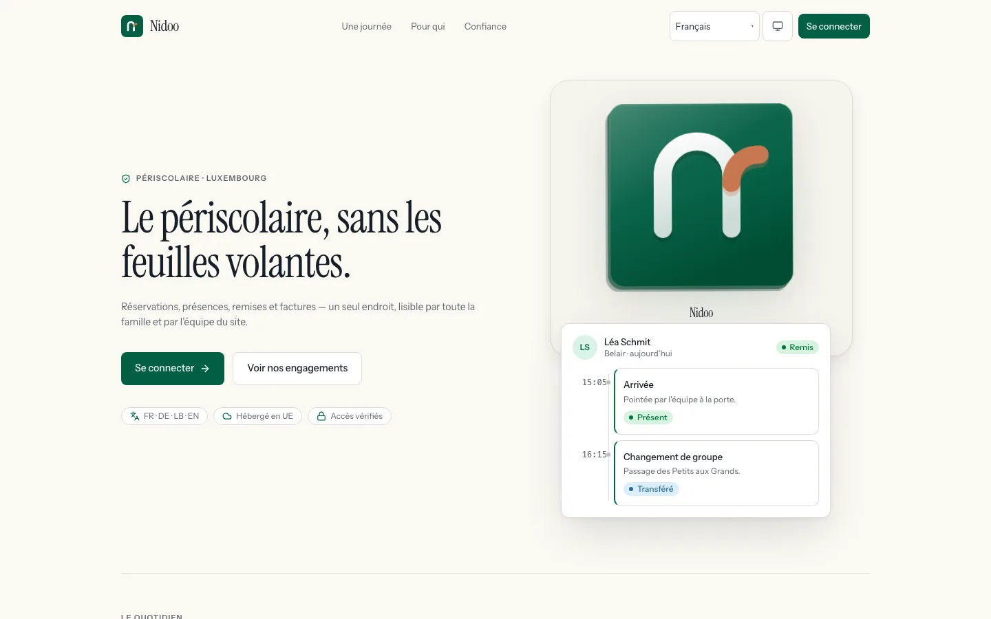 Landing page: the sculpted Nidoo mark above a live attendance card showing an arrival and a group transfer.