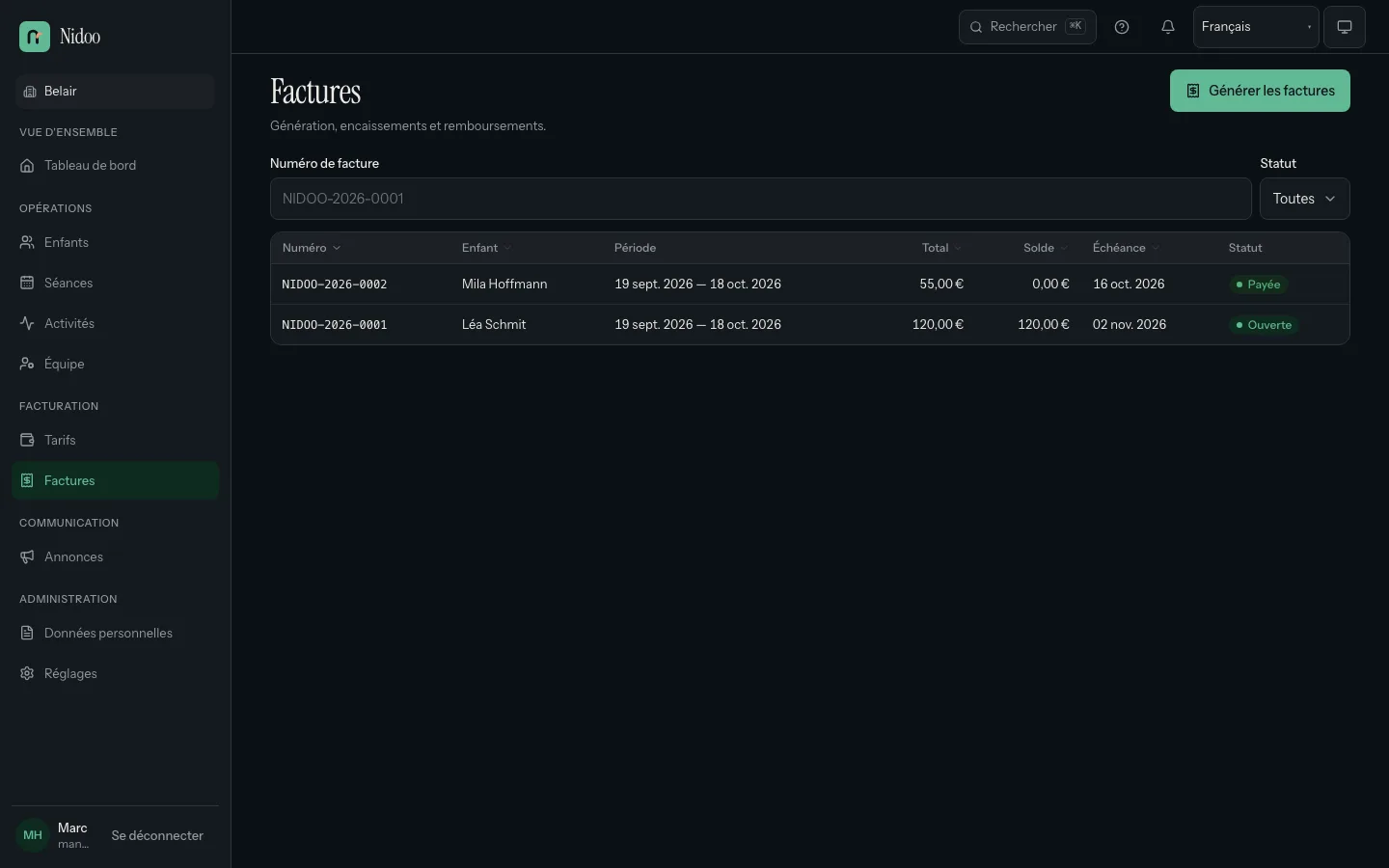 Manager invoices in dark mode: invoice numbers, children, periods, totals, balances and status chips, with the generate action.