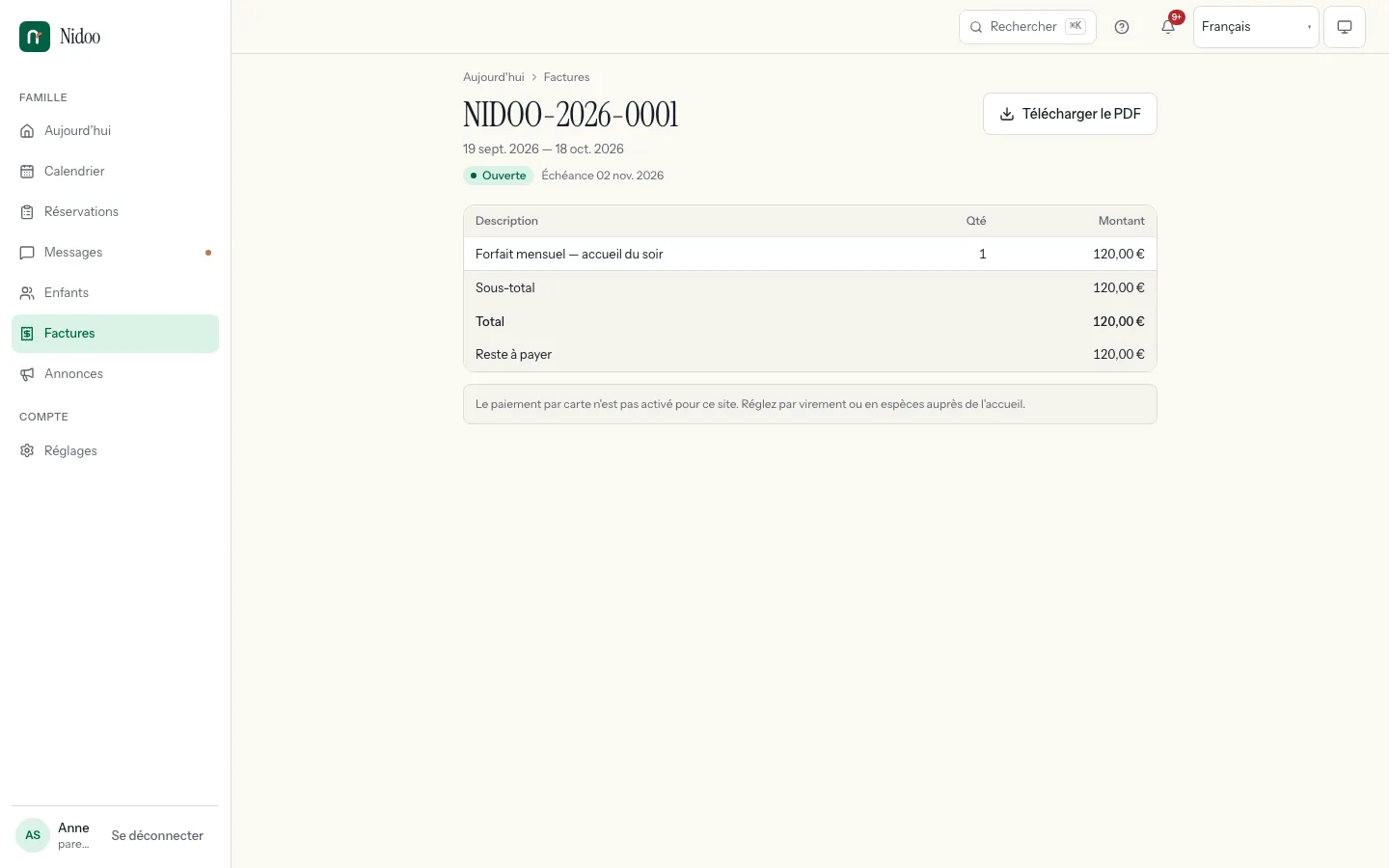 Invoice detail: number, period, child, invoice lines, subtotal, total and the balance still due.