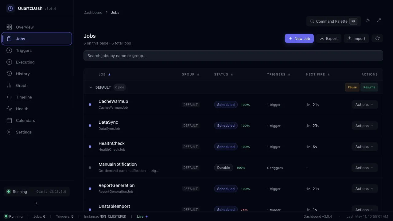 Jobs list grouped by Quartz job group, with inline status badges, next-fire countdown and per-row actions