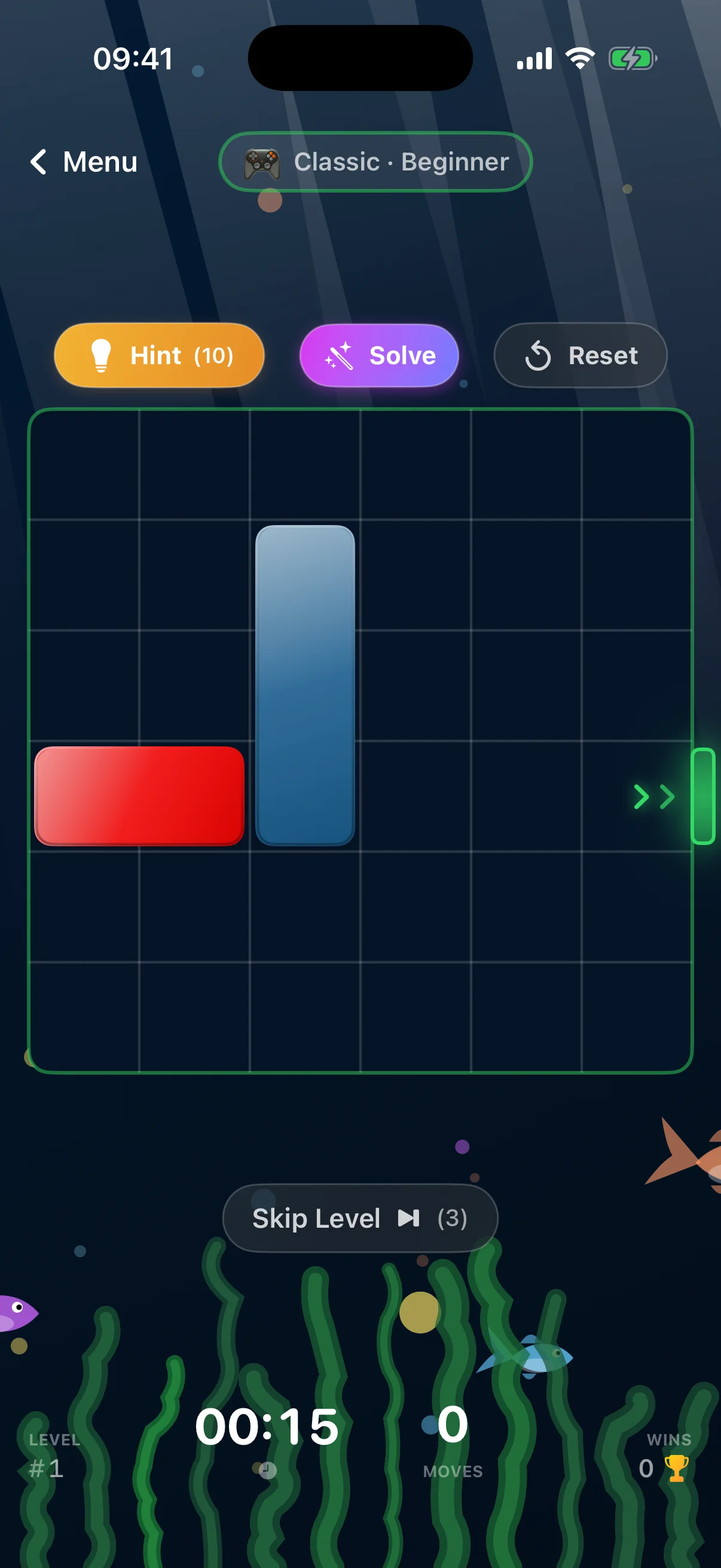 Classic Beginner Level 1 puzzle: a 6×6 grid with a red horizontal block and a blue vertical blocker, green exit arrow on the right, timer at 00:04, fish and seaweed in the background.
