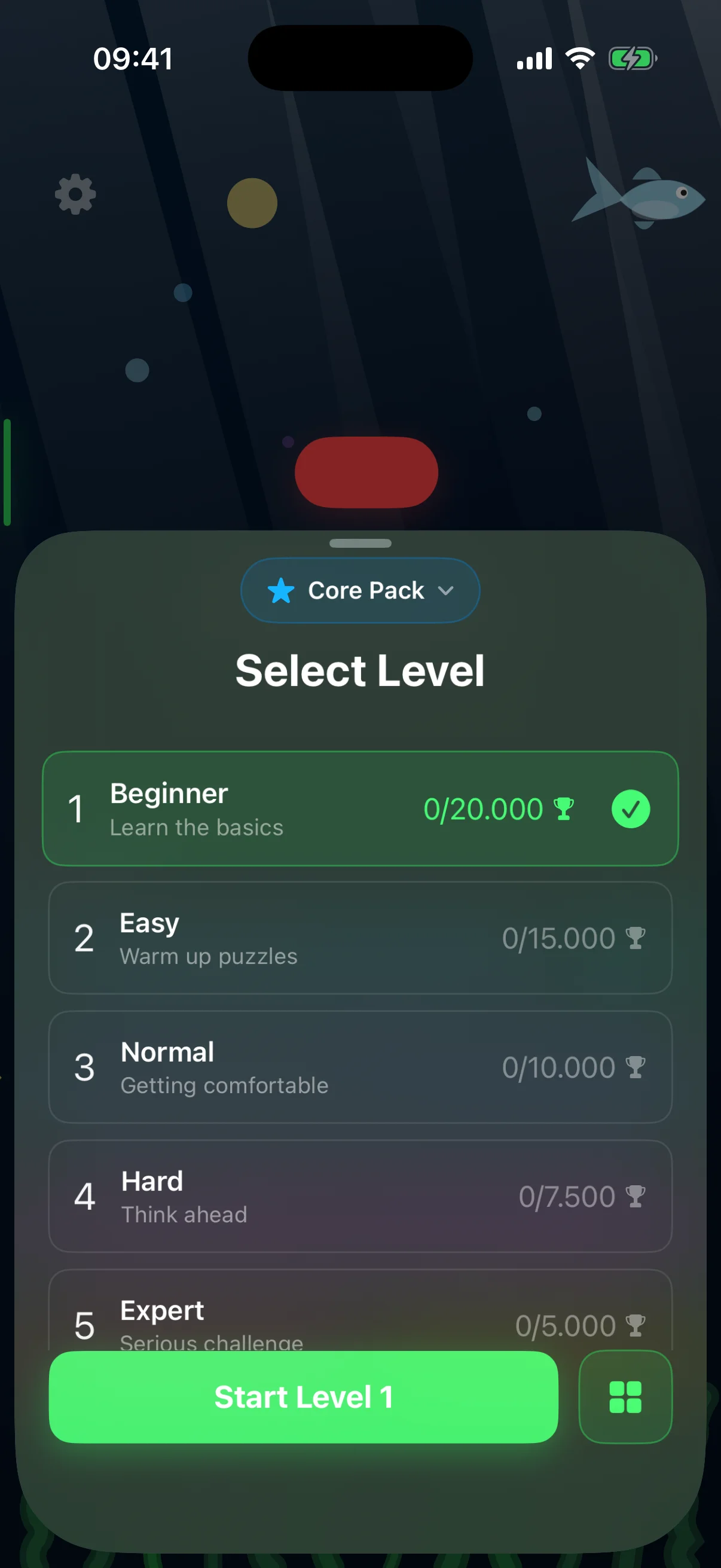 Level selector sheet listing five difficulty tiers — Beginner (20,000 levels), Easy (15,000), Normal (10,000), Hard (7,500) and Expert (5,000) — with trophy icons and progress counts.