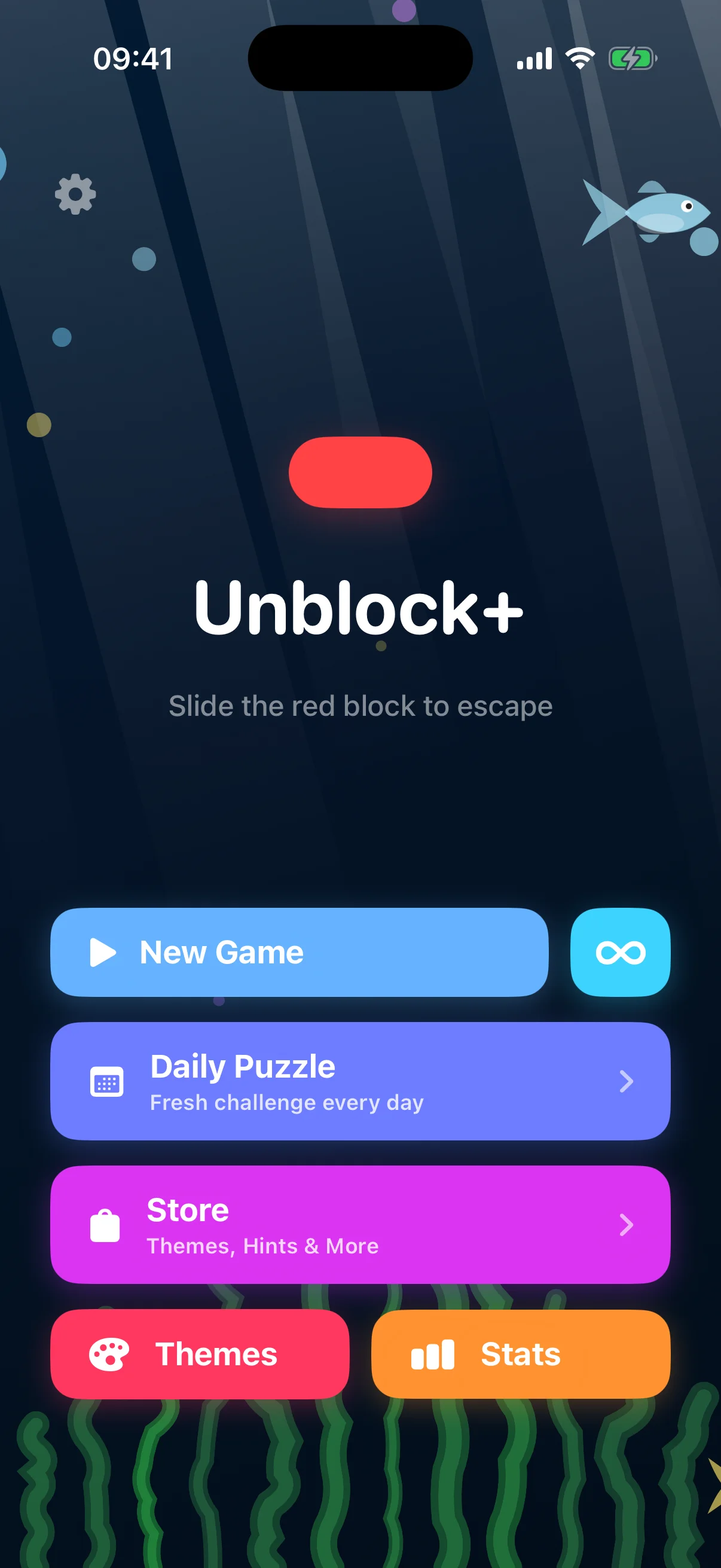Unblock+ main menu with the red escape block floating above ocean seaweed and swimming fish, with buttons for New Game, Daily Puzzle, Store and Themes on a dark underwater background.