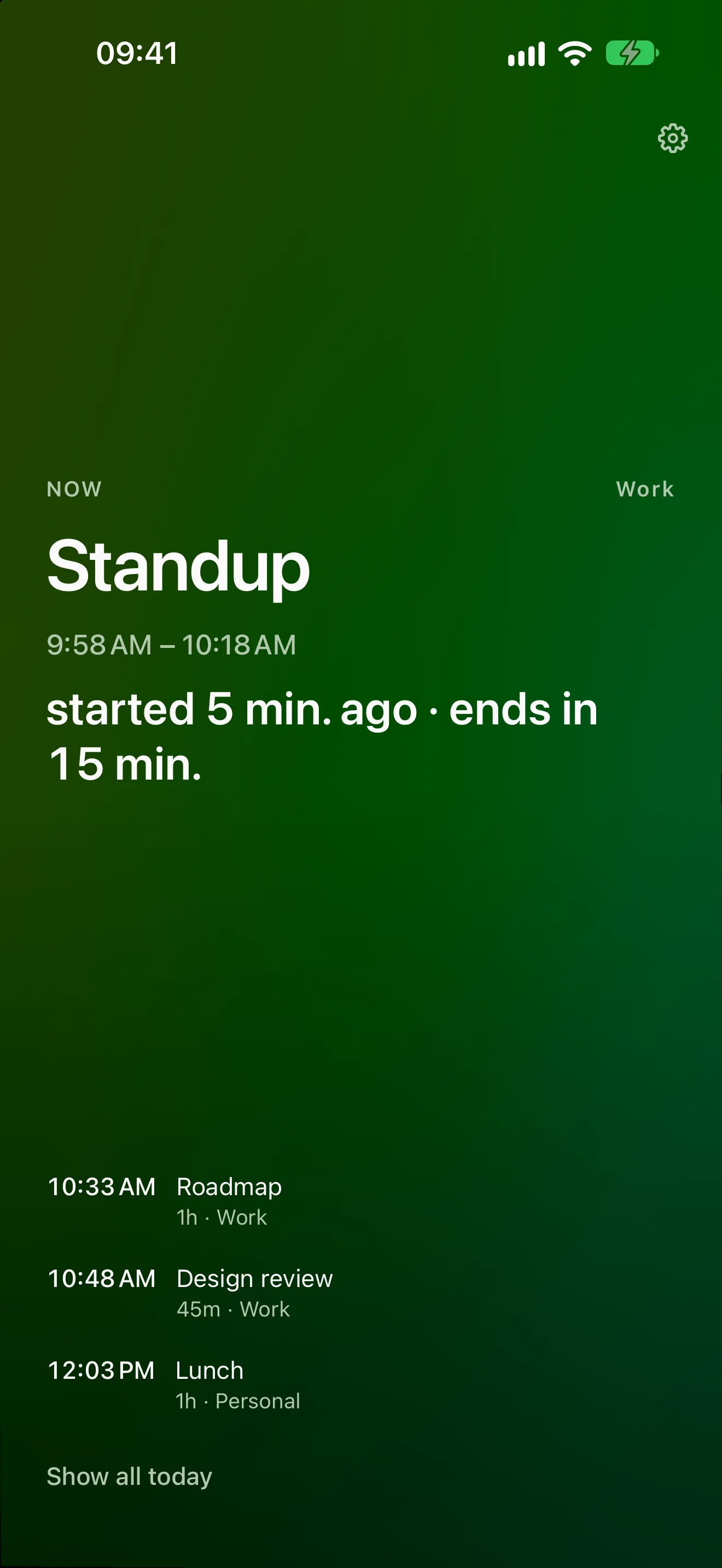 The same dark screen on a busy day: a green field for the running Standup, with the rail listing the rest of the day — Roadmap, Design review, Lunch, Interview and Retro — each with its duration and calendar. The calendars behind these are deliberately hostile colours (pure red, neon green, magenta) and the field is still calm and legible.