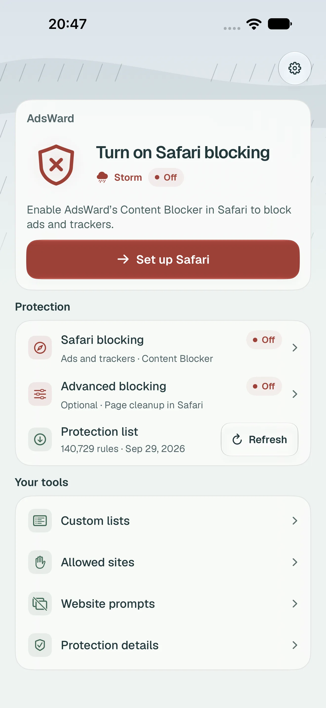 AdsWard dashboard in its off state: a Storm verdict, a Set up Safari action and both protection layers marked off.