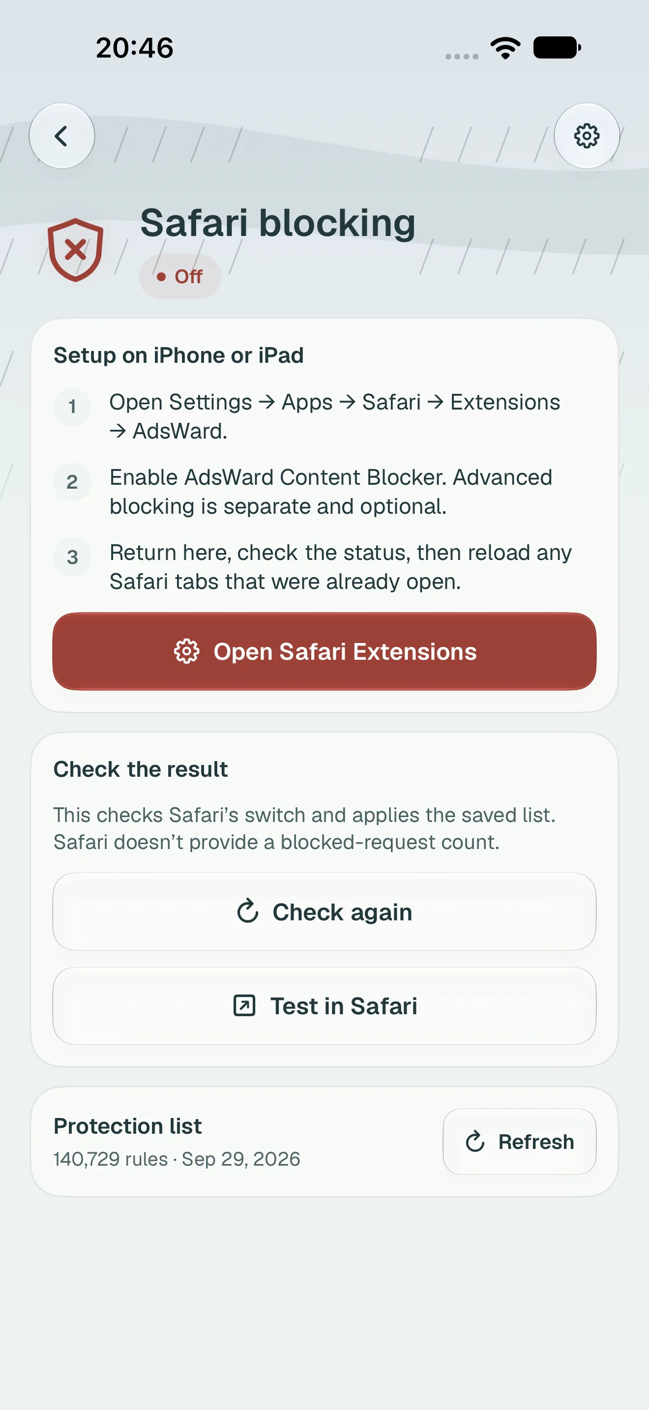 Safari blocking guide listing the three steps inside Settings, plus a button that opens Safari's extension settings.
