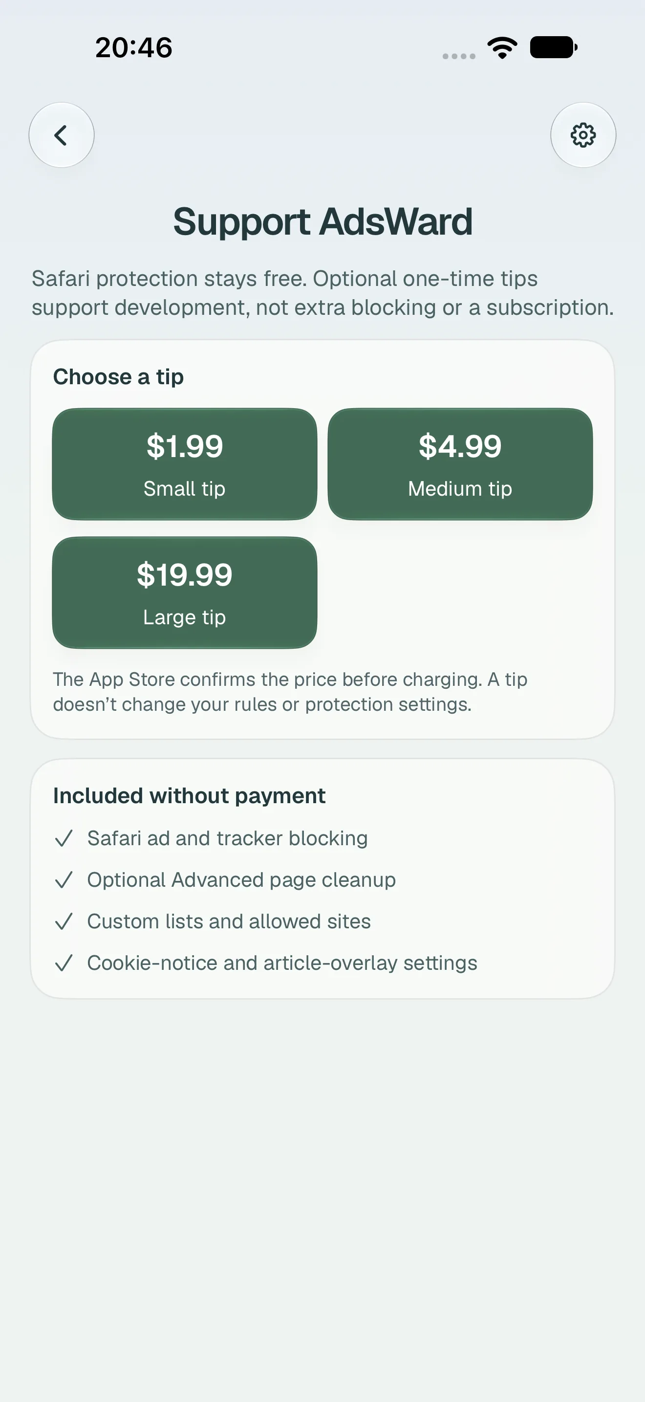 Support AdsWard screen showing three optional one-time tips with their App Store prices and the features that stay free.