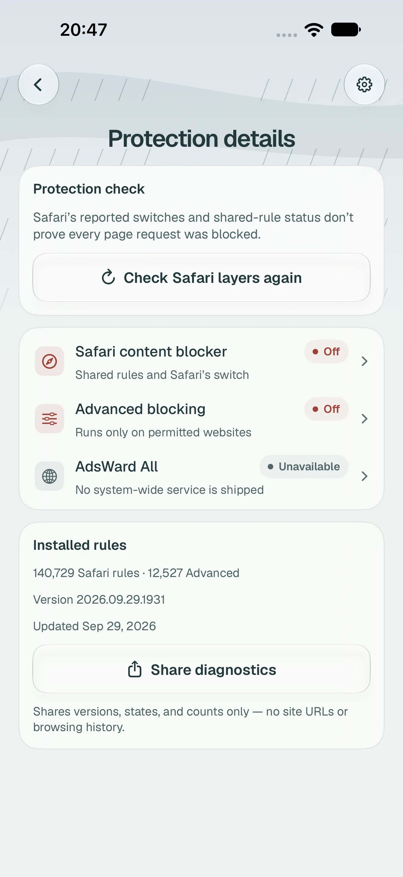 Protection details screen with a Safari layer check, the installed rule counts, version information and a Share diagnostics action.