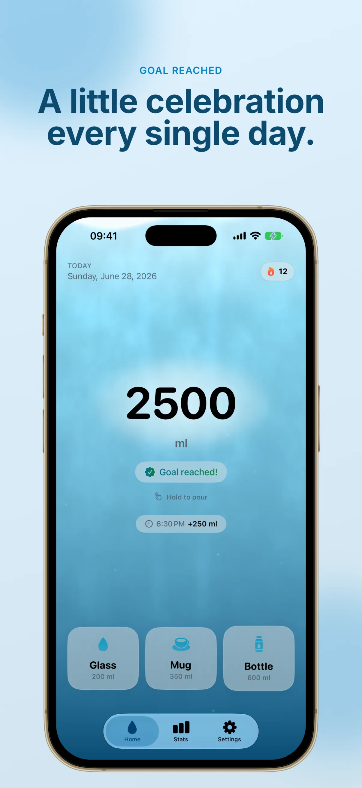 Wet Me home screen with the water filled to the top at 2,500 ml and a green 'Goal reached!' badge, showing today's date, a 12-day streak and a recent +250 ml entry above the Glass, Mug and Bottle quick-add tiles.