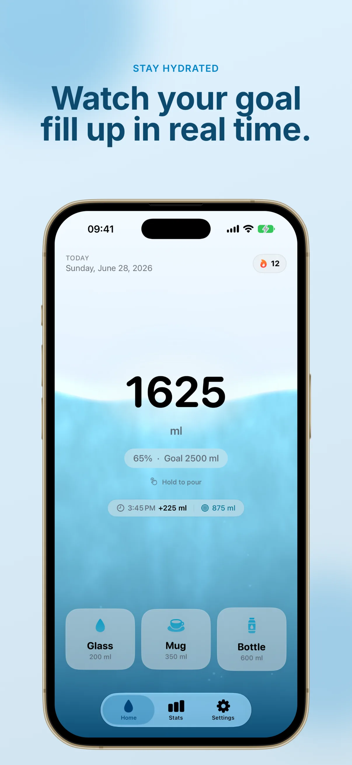 Wet Me home screen showing 1,625 ml logged — 65% of a 2,500 ml daily goal — over an animated water surface, with a 12-day streak badge, a 'Hold to pour' hint, a recent +225 ml entry and Glass (200 ml), Mug (350 ml) and Bottle (600 ml) quick-add tiles.