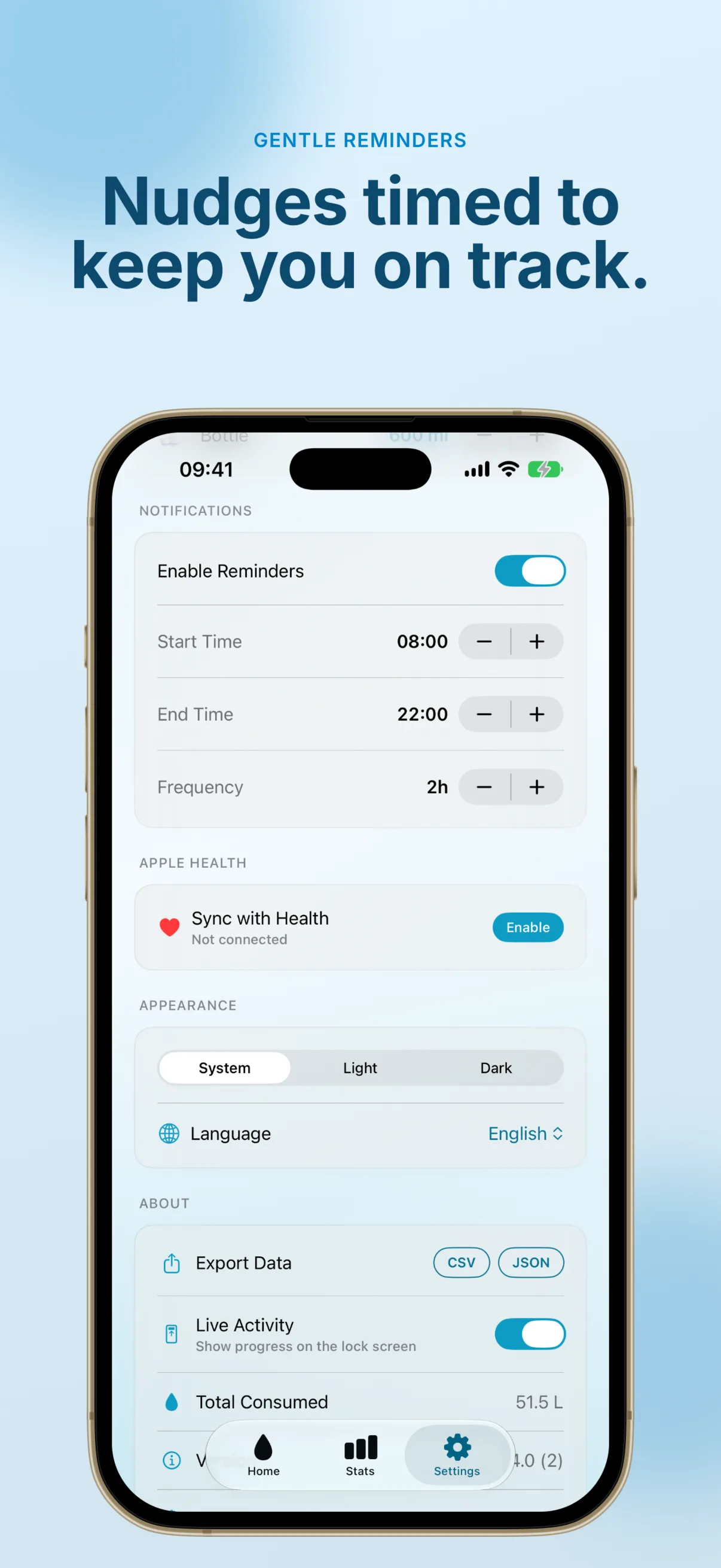 Wet Me reminder settings with Enable Reminders on, a Start Time of 08:00, End Time of 22:00 and a 2-hour frequency, plus an Apple Health 'Sync with Health' row, a System/Light/Dark appearance selector, Language, CSV and JSON data export, a Live Activity lock-screen toggle and 51.5 L total consumed.