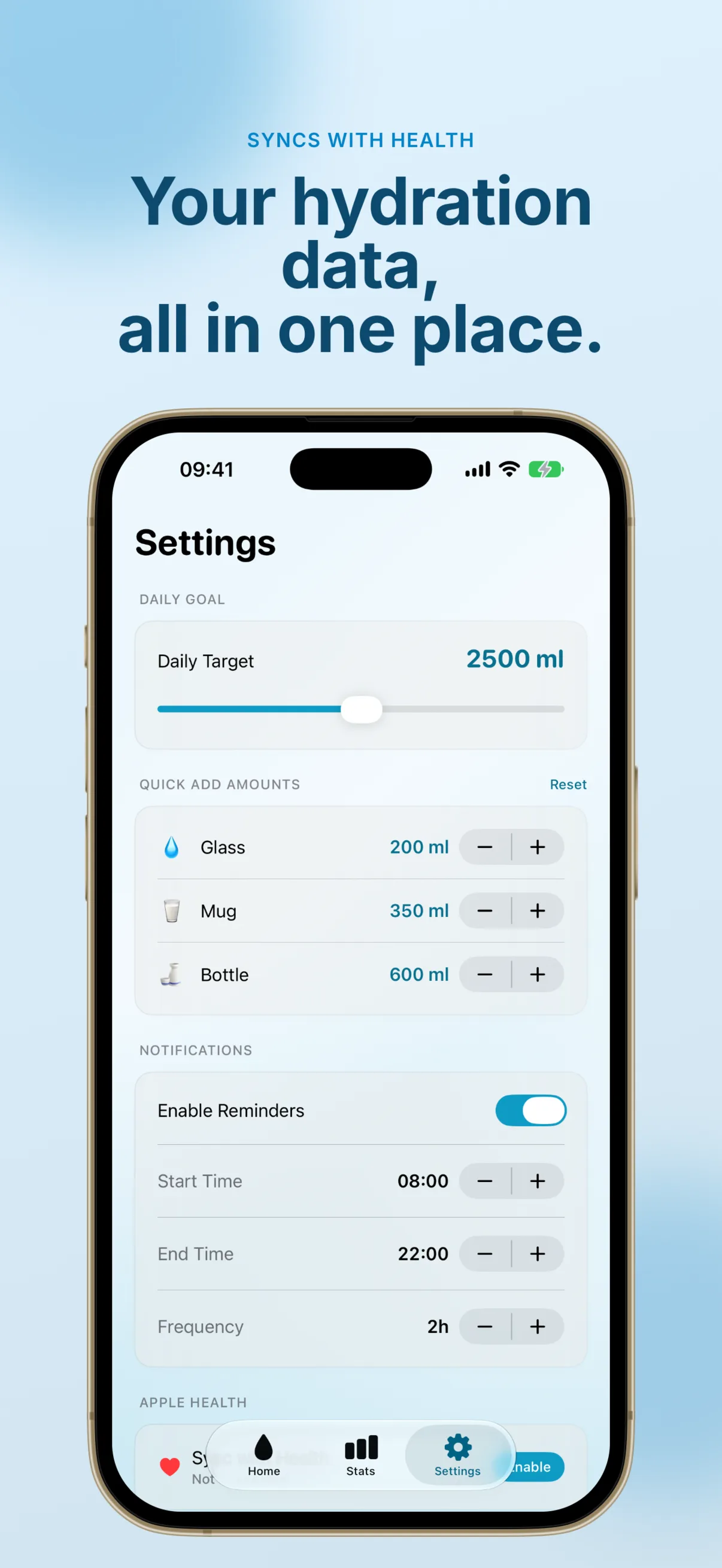 Wet Me settings screen with a Daily Target slider set to 2,500 ml, editable quick-add amounts for Glass (200 ml), Mug (350 ml) and Bottle (600 ml), and a notifications section with reminders enabled from 08:00 to 22:00 every 2 hours.