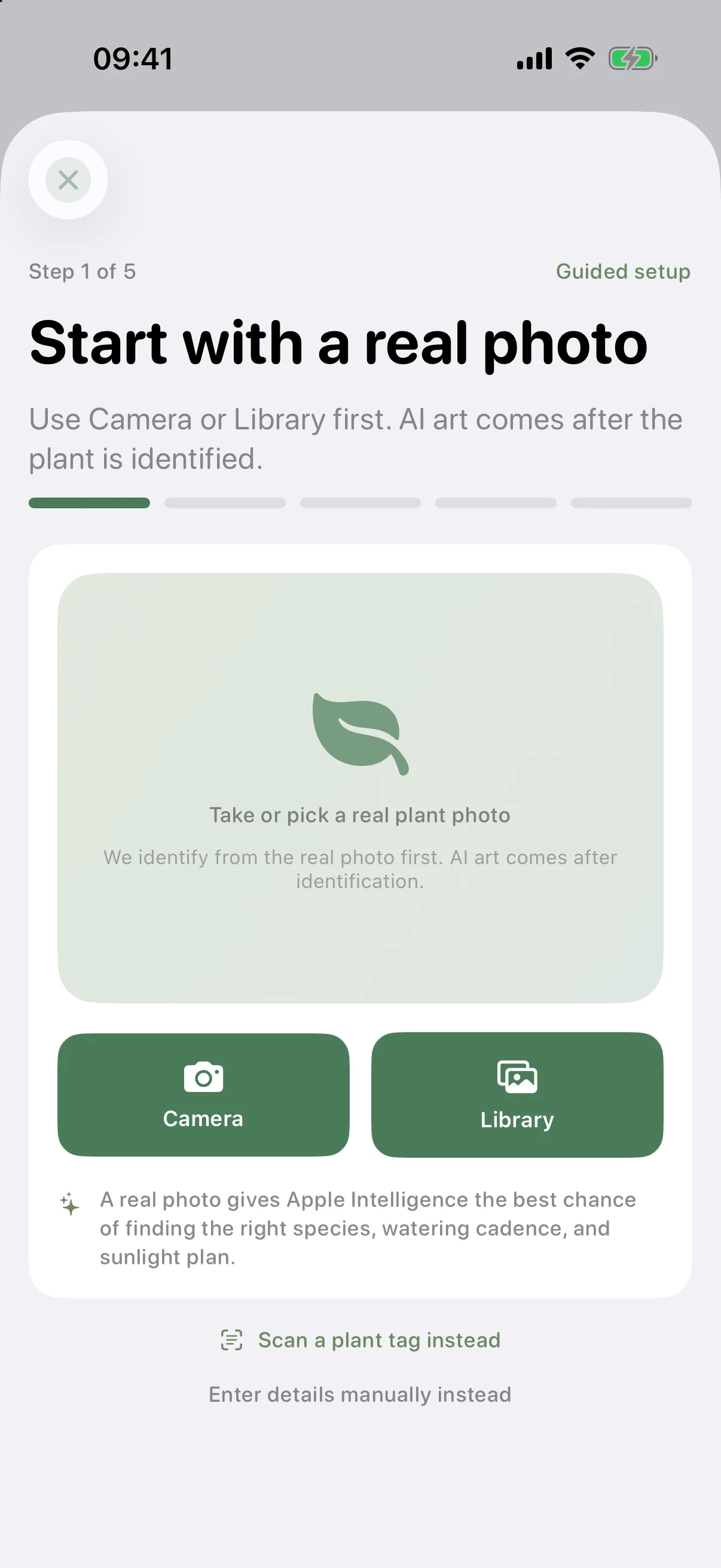 Add-plant screen (step 1 of 5): Camera and Library buttons to identify a plant from a real photo, a 'Scan a plant tag' option using on-device OCR, and a note that Apple Intelligence builds the care plan.